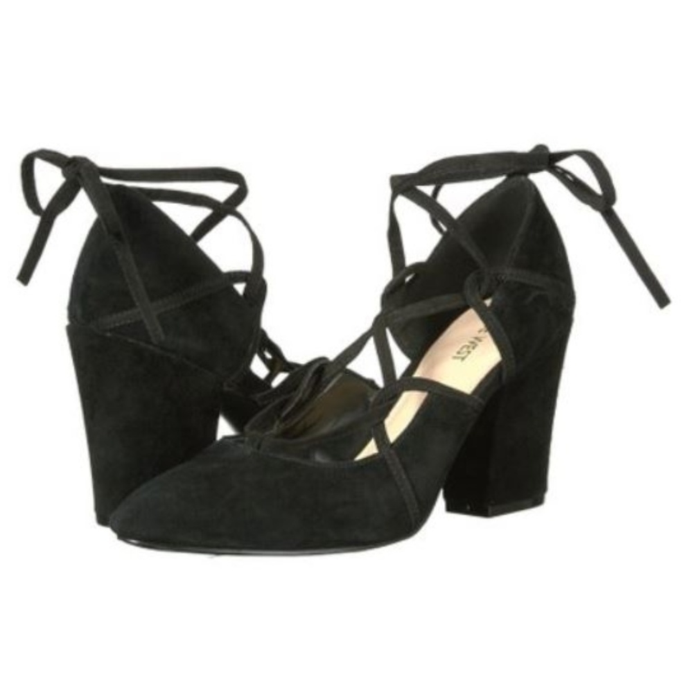 Nine West D'orsay Black Pumps sz 7 Women Lace up Heels Suede Shoe Block